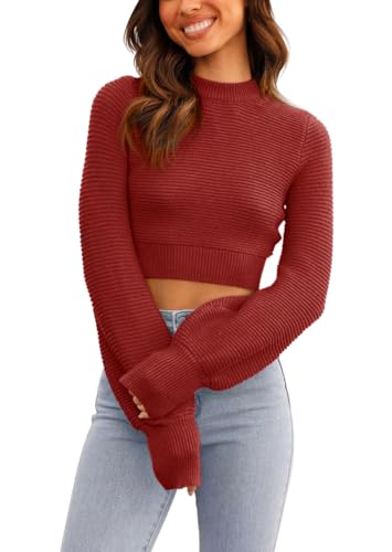 Image of Womens Sexy Crew Neck Cropped Sweaters Knit Long Sleeve Crop Tops Pullover | Ribbed Knit, Long Sleeve, Crop Tops, Pullover,Crew Neck