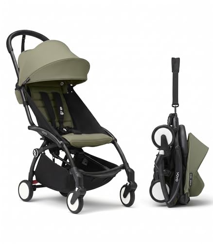 Stokke YOYO3 Stroller from 6 Months - Includes Black Frame/Olive Seat Cushion + Canopy - Folds in & Out in a Flash - Light & Compact - Carry-On Compatible