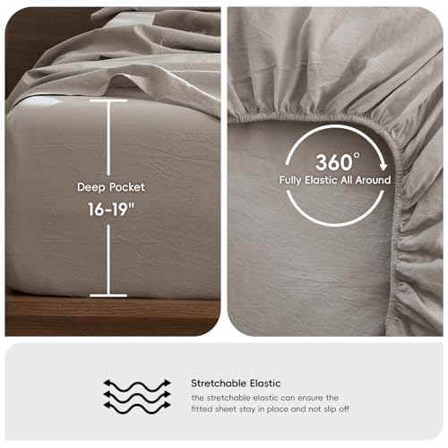 Image of MooMee Bedding Sheet Set 100% Washed Cotton Linen Like Textured Breathable Durable Soft Comfy (Heathered Cream Grey, Full)