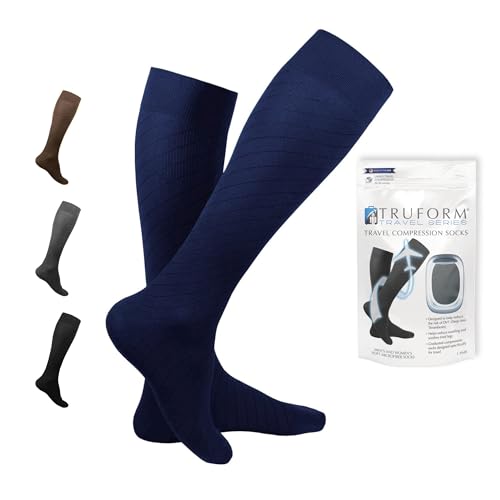 Image of Truform Travel Compression Socks for Men and Women, 15-20 Knee High Over Calf Length, Navy, Small