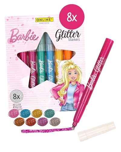ONLINE Barbie   8 rotuladores brillantes con gran opacidad y partículas de purpurina, lavables para niñas