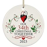 Our 34 Years Cat Couple Love 2021 Ornament 34th Wedding Anniversary 2023 Pine Tree Decor, Thirty-Four Year Together Round Ornaments Ceramic 3 inch Keepsake, Merry Xmas Gifts