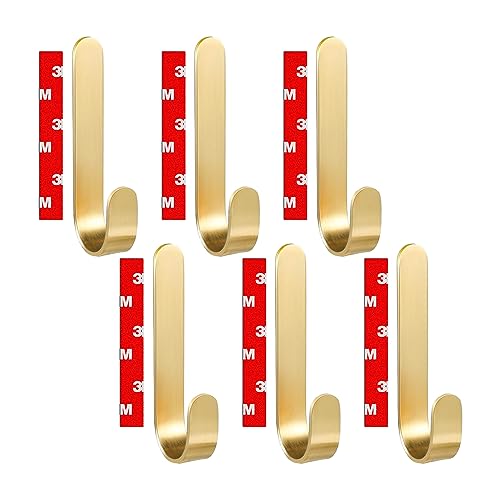 PHILIPCO - 6 Self Adhesive Wall Hooks for Hanging Towels | Nailless Hooks for Shower Tile, Damage Free, Multi Purpose [Stronger Adhesive] (Gold)