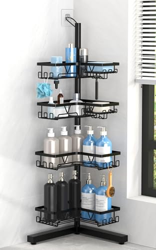 Image of KEGII Floor Shower Caddy Standing - 4-Tier Corner Shower Organizer with Hooks & Soap Holder, Free-Standing Bathroom Storage Rack for Shampoo & Toiletries, Black
