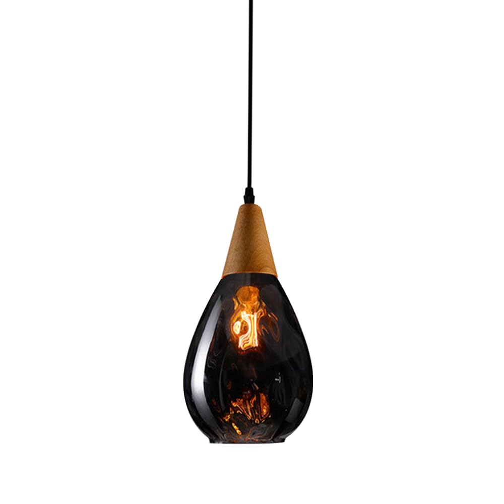 Klobvtt Glass Pendant Light Modern Wood Hanging Lamp Hammered Glass Ceiling Lighting Fixture Teardrop Dome Small Chandelier Dining Room Kitchen Island Suspension Lamps E27 Socket
