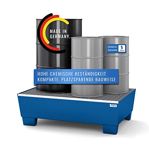 DENIOS® Auffangwanne aus Stahl I Öl Auffangwanne blau | BxHxT 1236 x 355 x 815 mm | Volumen 205 Liter | 2 Fässer | Dichtungsgeprüft für maximale Sicherheit - Besonders kompakt - Ölbehälter Cover