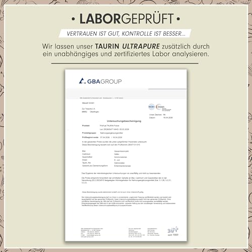 Taurin Pulver 1kg - 2000 mg Taurin pro Tagesportion - Taurin Ultrapure mit über 99,9% Reinheit - ohne Zusatzstoffe - laborgeprüft mit Zertifikat - Vorrat für 500 Anwendungen