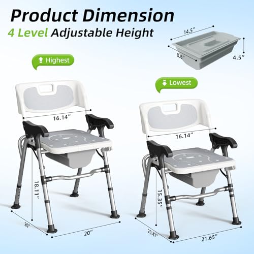 3-in-1 Shower Chair for Seniors, Foldable Bedside Commode, Height Adjustable Raised Toilet Seat with Removable Bucket, Padded Arms & Back Support for Elderly, Adults, 400 lbs Capacity (White) by Fasjloctavty - Image 2