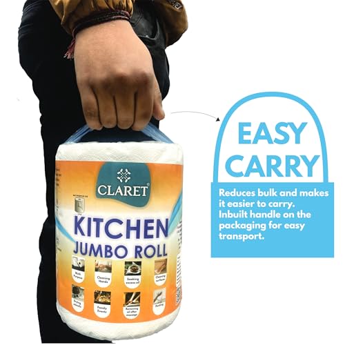 Image of Claret Kitchen Jumbo Towel Tissue Paper Roll Napkin 300 Pulls Each Roll | Soft & Highly Absorbent | 100% Natural | 2 Ply | Ideal For Cleaning Kitchen Accesssories Microwave & OTG (Pack Of 2)
