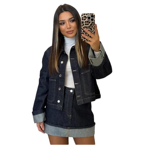 Women Denim Patchwork Long Sleeve Single Breasted Mini Outfits Coat