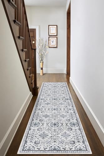 vivorug Runner Rug 2x10 Machine Washable Rug with Non-Slip Backing, Ideal for Kitchen Hallway Entryway Laundry Room - Vintage, Durable, Easy Clean, Low Pile Carpet Runner, Ivory/Blue