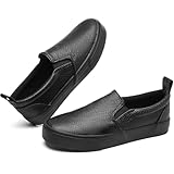 TUOPIN Womens Synthetic Leather Slip On Shoes,Padded Collar Slip on Sneakers for Women,Casual Loafers Walking Shoes(Full Black.US09)