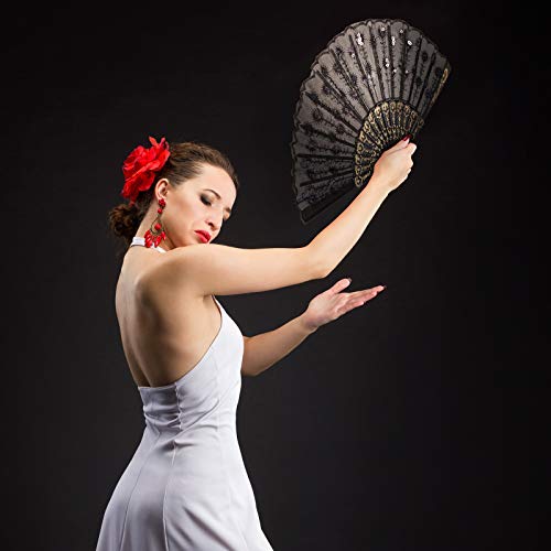 Jetec JETEC-78 2 Pieces Of Sequin Fabric Folding Fans Embroidered Flower Lace Trim Fabric Hollowed Handheld Folding Fan thumb #5