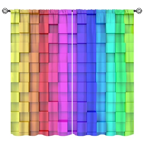 SHElifestyle Girls Colorful Window Curtains, Abstract Raindow Colored Contour Block Brick Window Treatments Geometric 3D Print Pattern Window Drapes for Kids Boys Bedroom Playroom W42xL54in(Decor)