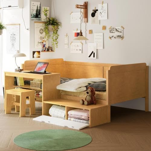 Bellemave Twin Size Daybed with Storage Shelves and Lockers, Multi-Functional Wooden Platform Bed with Desk and Matching Stool, Natural
