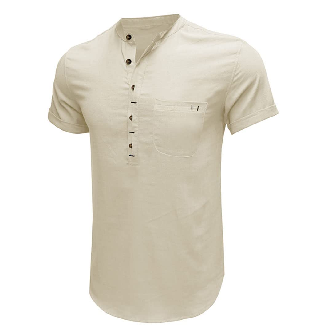 Maglietta da uomo in cotone e lino camicia casual Henley a maniche corte, Come mostrato, S