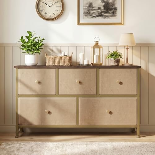 Image of OLIXIS 5 Drawer Dresser for Bedroom, Storage Organizer for Closet, Khaki | Chest of Drawers for Clothes Storage with Bins, Wide Fabric Bedroom Dresser, Wooden Top, Living Room, Black Wood