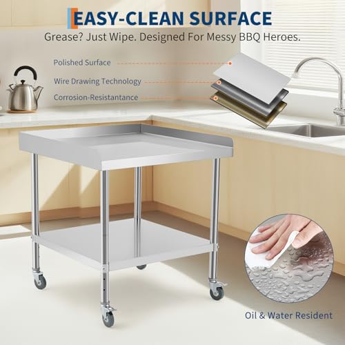 Image of GarveeTech 30x30x30 in Stainless Steel Equipment Grill Stand Table NSF Certified with 5 in Wheels, 400 LBS Capacity, 2 in Edge Baffle, for Hotel, Home, Commercial Restaurant Kitchen
