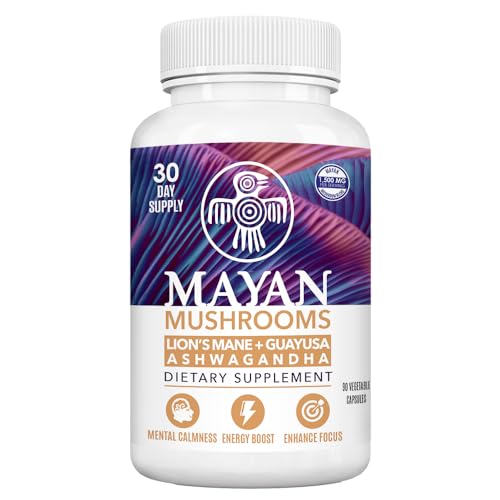 Mayan Mushrooms | Lion's Mane 500mg | Guayusa 500mg | Ashwagandha 500mg |Supplement for Mental Calmness, Focus, Brain & Memory Support. Vegan, Plant-Based, Non-GMO, 90 Count -