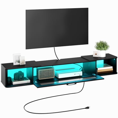 HOOBRO - HOOBRO Floating TV Stand with LED Light Power Outlet for TVs up to 65”, Wall Mounted TV Shelf, Modern Media Console Entertainment Center Under TV, for Living Room Bedroom, Black BK34UDDS01G1