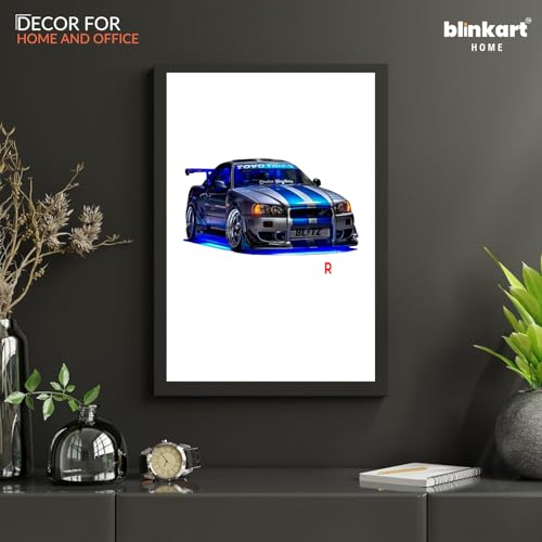 Image of BLINKART Nissan Skyline GT-R (R34) CarFramed Posters Gift Items Boys Room Wall Decoration Bedroom Office Studio Synthetic Wood Frame & Acrylic Glass Ready to Hang - 12x8 Inch, (A4 Size) - CAR-061