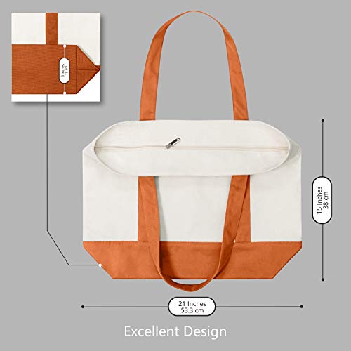 Image of TOPDesign 1-Pack Canvas Tote Bag with an External Pocket, Reusable Grocery Shopping Bag, Top Zipper Closure, Daily Essentials (Orange /Natural)