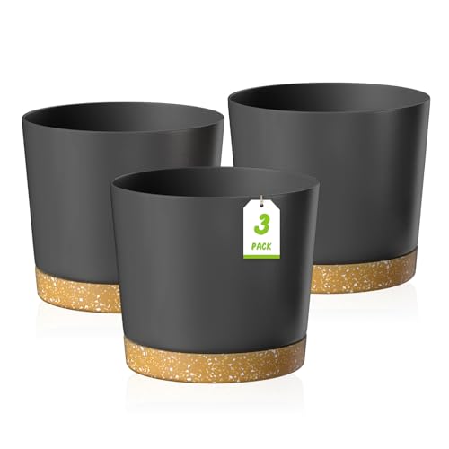 ZMTECH 30,5 cm Blumentöpfe, Kunststoff Pflanztopf mit Ablaufloch und Untertasse, Moderner Dekorativer Blumentopf für Drinnen und Draußen, Zimmerpflanzen, Sukkulenten, Blumen (3er-Set, Dunkelgrau)