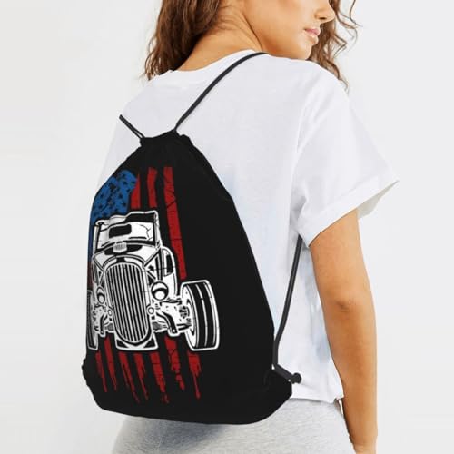 Vintage Hot Rod American Flag Classic Car Drawstring Backpack Bag Sport Gym Sackpack for Men Women (Black)4