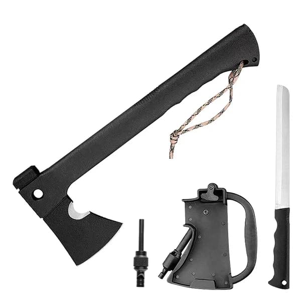 Hacha táctica AXIUM 5 en 1 – Hacha Multifuncional con Sierra integrada, Martillo, Silbato de Emergencia y Funda de ABS – Herramienta compacta para Camping, bushcraft y Supervivencia
