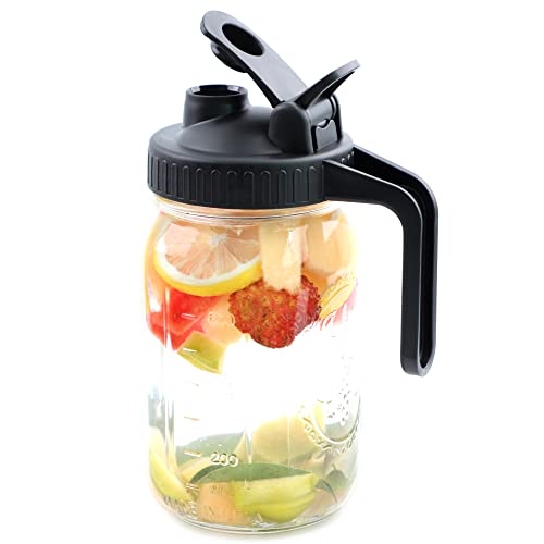 Image of Wide Mouth Mason Jar Pitcher 32 OZ With Pour Spout And Handle Airtight Leak-proof Glass Pitcher With Flip Lids For Iced Tea, Milk, Sun Tea, Lemonade