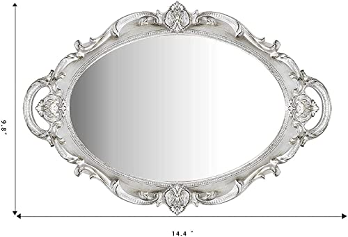 Yamfurga Oval Printed Decorative Mirror Tray, French Style, Mirror, Makeup Organizer, Jewelry Organizer, Serving Tray, 9.8"X 14.6", Silver #TOP6