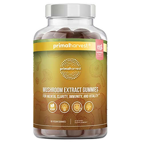 Mushroom Supplement Gummies by Primal Harvest, 10 Brain Superfood Mushrooms Reishi, Chaga, Shiitake, Turkey Tail, Royal Sun, Lions Mane Mushroom Supplement & More - 60 Brain Vitamins Mushroom Gummies