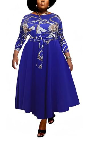 Image of Hostoyo Women Plus Size Formal A Line Maxi Dress Self Tie Waist with Pockets Elegant Round Neck Swing Long Dresses