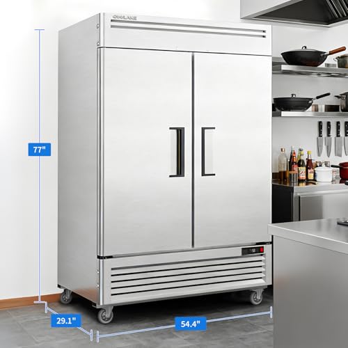 Image of Coolake 54 inch W Commercial Freezer, 49 Cu Ft Solid Door Upright Freezer with 8 Adjustable Shelves, -13F ~ -5F, Frost-free Stainless Steel Industrial Reach-in Freezer for School Restaurant Prep Kitchen