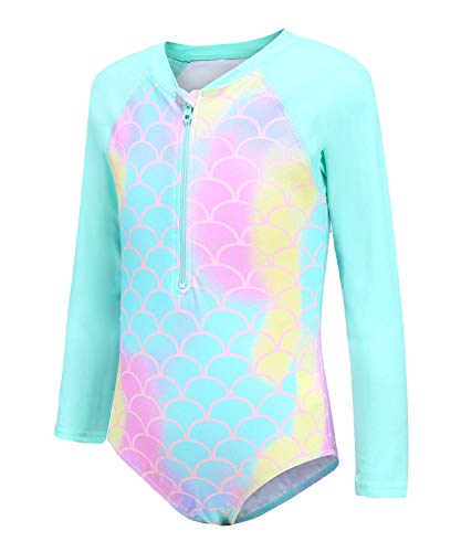 Image of Moon Tree Girls One Piece Swimsuits Long Sleeve Rash Guard Zipper Front Bathing Suit UPF 50+