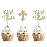 Donoter 48 Pieces Glitter God Bless and Cross Cupcake Topper Picks for Baptism Party Decorations