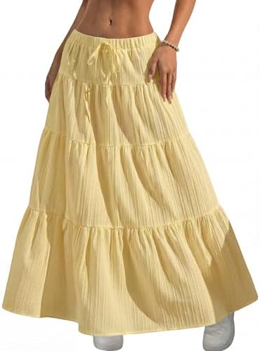 DERAX Women's Boho Flowy White Maxi Skirt Flared Ruffle Elastic W...