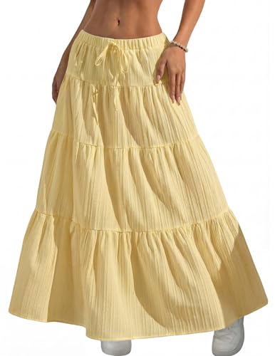 DERAX Womens Boho Flowy Maxi Skirt Flared Ruffle Elastic Waist Summer A Line Long Skirts Yellow XS