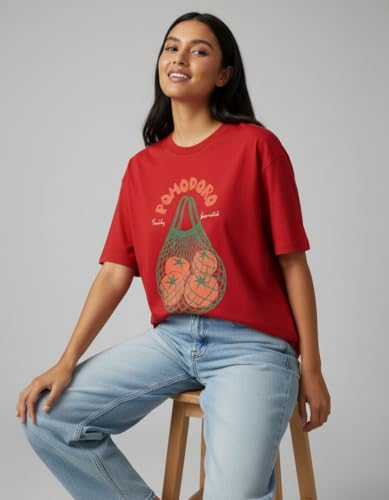 Image of Oversized Cotton T-Shirt for Women Half Sleeve Pomodoro Printed Tee - Breathable Loose Fit Asthetic Casual Wear for College and Daily Ou Outfits, Streetwear