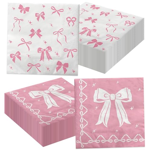 100 Pcs Pink Bow Napkins Coquette Theme Party Napkins for Pink Bow Birthday Decorations Baby Shower Bridal Coquette Birthday Decorations