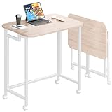 JSB Small Folding Computer Desk with Wheels Writing Modern Industrial Work Table Laptop for Home Office (Natural & White, 23.6')