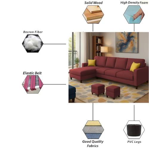 Image of Casaliving Rolando 6 Seater L Shape Sofa Set with 2 Puffy for Living Room (Maroon) Left Side Sofa Set for Living Room | Hall| Office Room