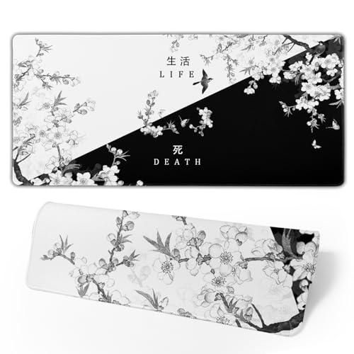 XXL Large Gaming Mouse Pad,Japanese Sakura Death Life Extended Desk Pad Non-Slip Rubber Base 35.4x15.7in