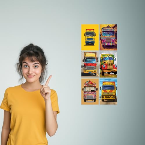 Image of SiddArtify Vibrant Truck Art Print Set - Colorful Truck Illustrations - Set of 2-4x6 Inch - Board (Pack of 6) - Sticker (Pack of 6) Wall Room Decoration art Poster Prints