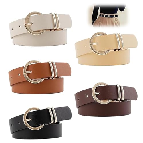El Mejor Listado de Cinturones para Mujer del mes. 46 5 Pcs Ajustable Cinturón de Piel de Mujers con Hebilla Dorada, Cinturón de Vestir Ajustado para Mujer, Cinturones Mujer para Jeans, Vestidos