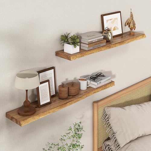 Image of 40 inch Floating Shelves for Wall Live Edge, Natural | 8'' D Rustic Solid Elm Wood, Wall Mounted, Invisible Bracket, Living Room Bedroom Kitchen