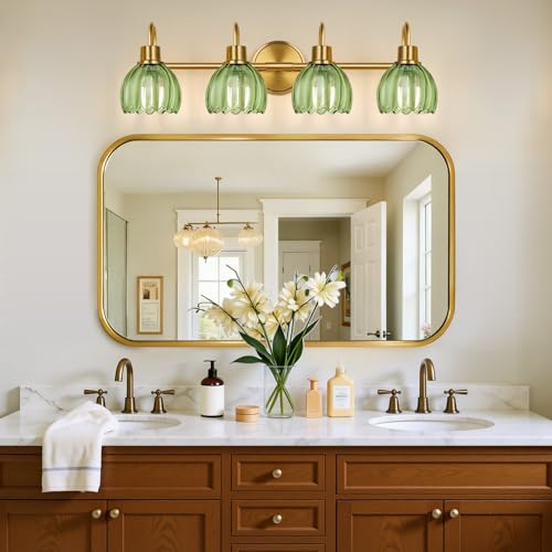 Image of 4-Light Bathroom Light Fixtures, 27 inch Brushed Gold Vanity Lights for Bathroom with Ribbed Green Tulip Glass Shade, Vintage Bathroom Vanity Lighting Fixtures Over Mirror for Bedroom Living Room Hallway