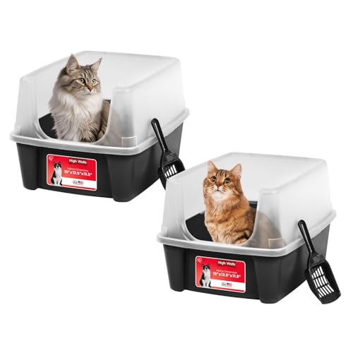 IRIS USA Cat Litter Box Large Open Top with High Sided Walls Tall Scatter Shield Scoop Included Easy Clean Plastic Pan Stain Resistant for Cats Kittens Indoor Multi-Cat Households 2-Pack Black by IRIS USA - Used condition - US$28.49