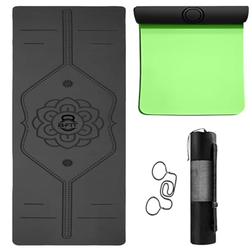 Image of B Fit 8 MM Thick Wide 31x72 Inch Original TPE Yoga Mat - Free Yoga Bag and Strap Included - With Alignment System, Non-slip, Eco-friendly, sweat-resistant (Green-Black)
