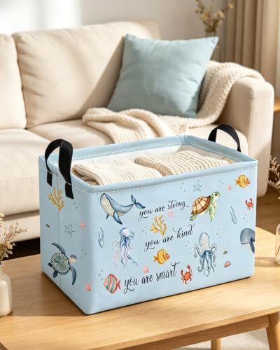 Image of Essme Rectangular Ocean Basket,Kids Baskets Empty with Handles,Cute Baskets for Kids Halloweens Room Decor,Boys and Girls, Candy Basket,(wenziocean)